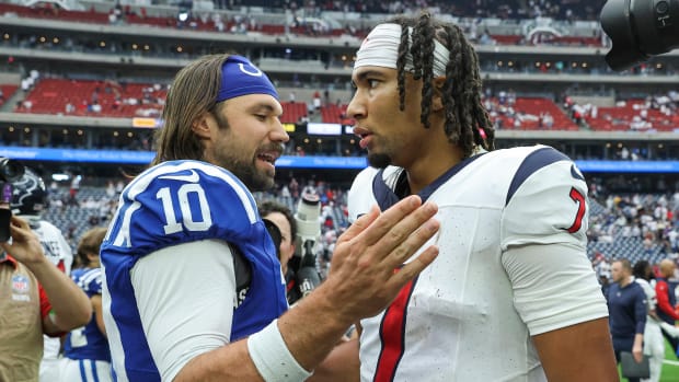 Sep 17, 2023; Houston, Texas, USA; Indianapolis Colts quarterback Gardner Minshew (10) talks with Houston Texans quarterback C.J. Stroud (7) after the game at NRG Stadium.